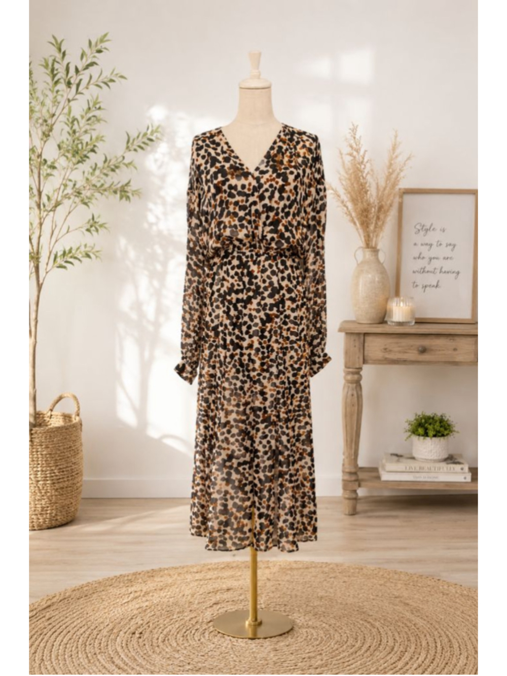 Parker Leopard Print Long Sleeve Faux Wrap Midi Dress Approx L